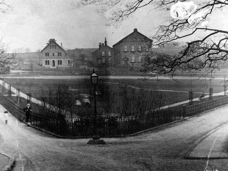 Rawdon Littlemoor Recreation ground, laid out to commemorate the coronation of Edward VII in 1902. Opened in June 1903, railed with ornamental iron work. Triangular shape, fore-ground shows junction of Quaker Lane to left and Park Road to the right.