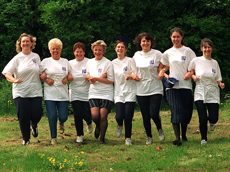 This group of women from Harrwood Services Group were preparing to take part in the 1997 Race For Life to raise funds for cancer research. Pictured, from left, are Debbie Glynn , Fran Townsend , Sue Ellam , Lyn Taylor , Claire Ross , Debbie Rose , Danielle Hemmings and Gail Robinson-Connolly.