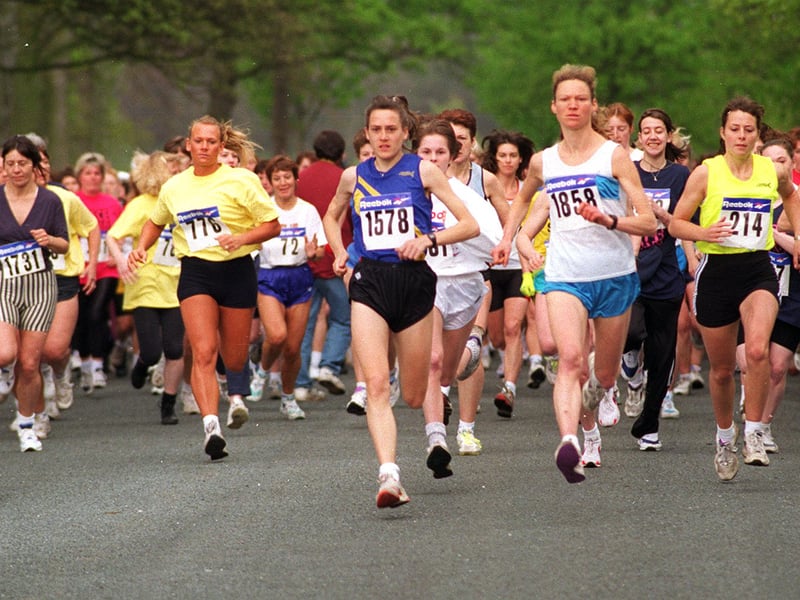Runners in the Race for Life in May 1996. It was won by No.1578, centre, Lucy Wright of Leeds City Athletic Club.