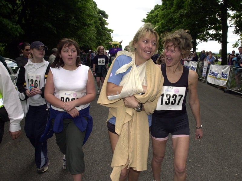 2001 and Linda Welling, from Menston, completes the race with the help of a friend, after falling and dislocating or possibly breaking her elbow.