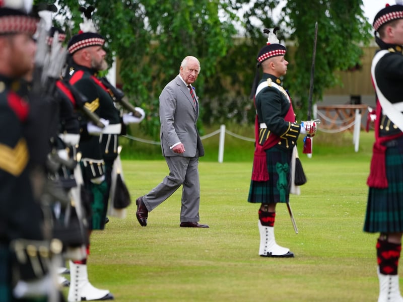 King Charles III inspects the guard of honour, performed by Balaklava Company, 5th Battalion, the Royal Regiment of Scotland