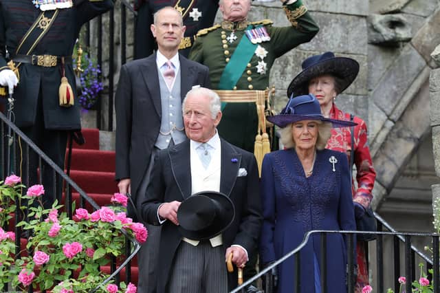 King Charles III, Queen Camilla, the Duke of Edinburgh and Princess Royal arriving for the Garden Party in the gardens of the Palace of Holyroodhouse in Edinburgh, as part of the King's visit to Scotland for Holyrood Week.