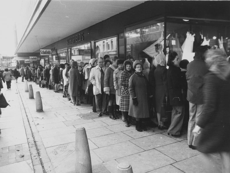 Part of the long queue for the sale at Schofields department store, on The Headrow, Leeds, in January 1976