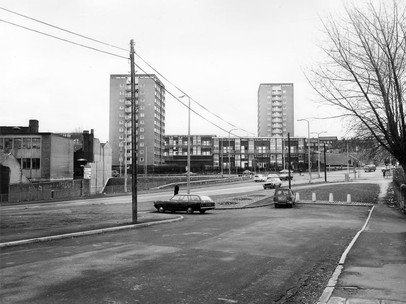 A view from January 1982 looking from the end of Armley Lodge Road towards Ledgard Way with Armley Road running across the middle of the picture in the background.