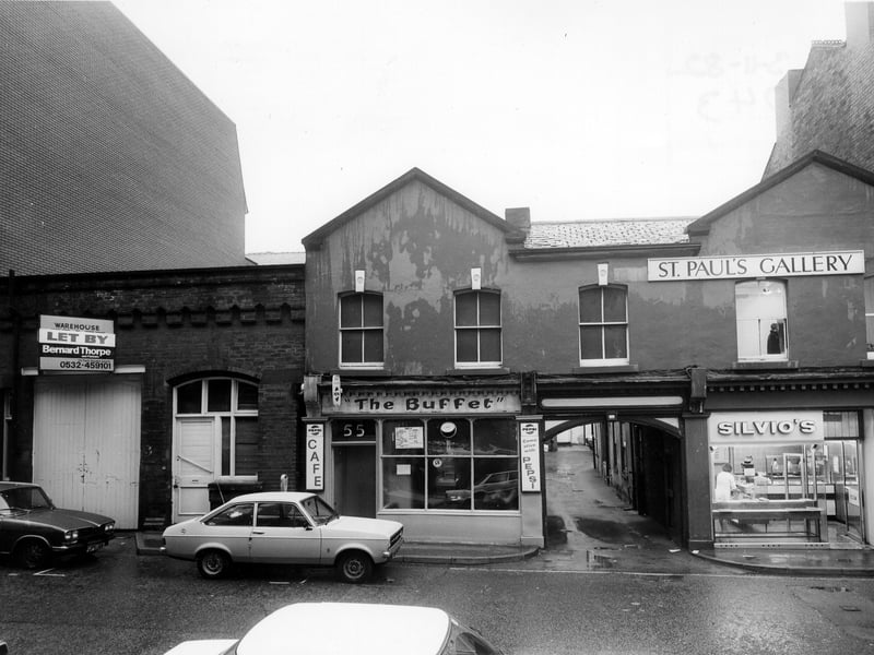  St. Paul's Street in November 1982 showing, from left, no. 53, a vacant warehouse building, no. 55 The Buffet cafe and no. 57 Silvio's Bakery. St. Paul's Gallery occupies the floor above the latter.
