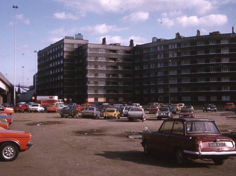 Quarry Hill Flats from across a car park in September 1975.