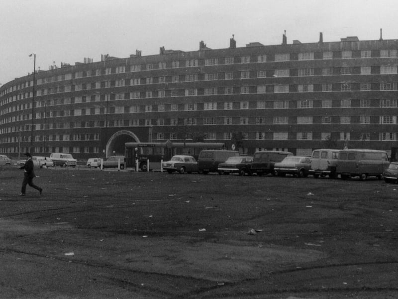 Quarry Hill Flats showing Oastler House. St. Peter's Street runs along in front of the flats towards Eastgate Roundabout just off the photo to the left. Pictured circa 1970 to 1973.