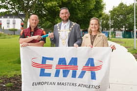 Pictured at the announcement of the city being selected to host the European Masters Athletics Non‑Stadia Championship were chairperson of the local organising committee, Seán McDermott; former Mayor of Galway, Cllr Mike Cubbard; and Sally‑Ann O’Brien, Head of Tourism with Galway City Council. 