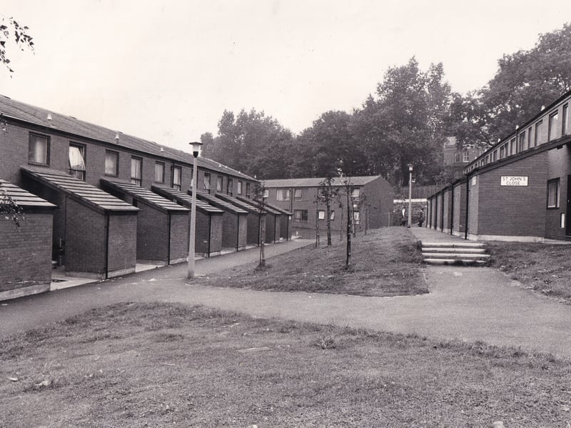 A view of St John's Close - part of the estate of Leeds Corporation houses and flats between Hyde Park Road and Woodsley Road in August 1974.