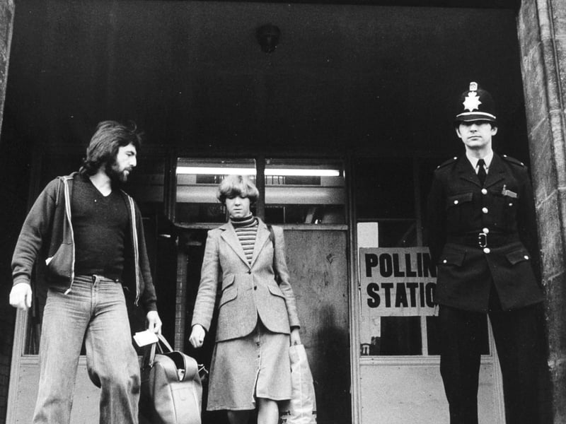 A policeman on duty outside Royal Park Middle School which was a polling station for the local elections in May 1978.