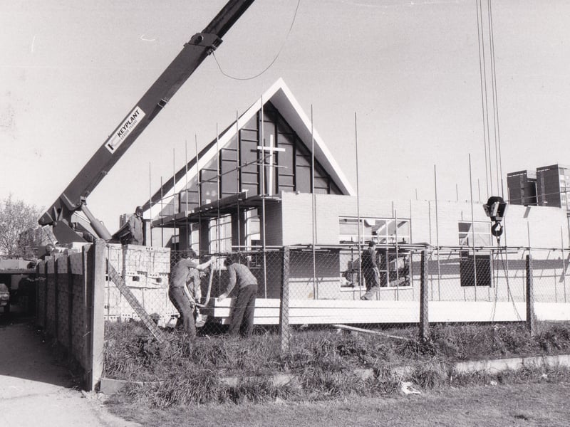 Work being carried out on the new community centre at St Luke's Church on Stanks Lane in May 1981.