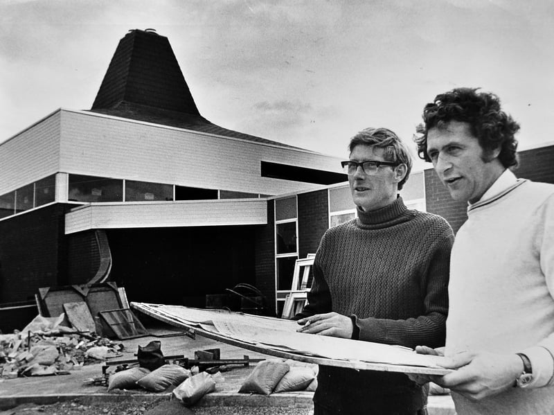 A glimpse behind the scenes of Bridgnorth Leisure Centre’s construction in 1975, with foreman carpenter Mick Hawkins and site agent Bob Caulcott at the entrance to the new complex. Do you have memories of swimming, playing sport or spending time there?