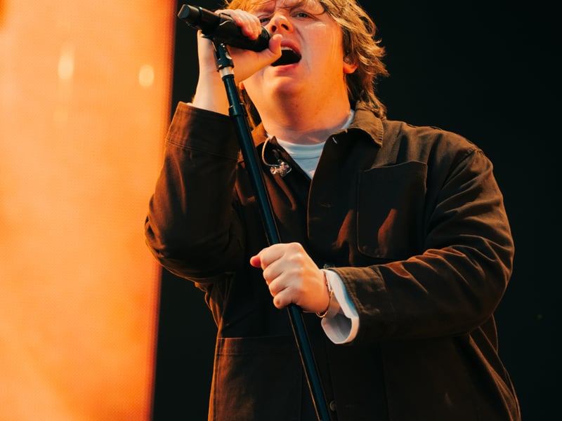 A close-up of Lewis Capaldi as he performs at Roundhay Festival