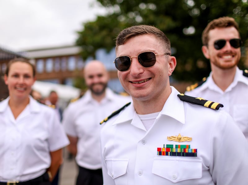 On Independence Day, Lt Zack Bergeron of the US Navy with Royal Navy NATO colleagues. HMS Collingwood Open Day, Fareham
Picture: Chris Moorhouse (040726-10)