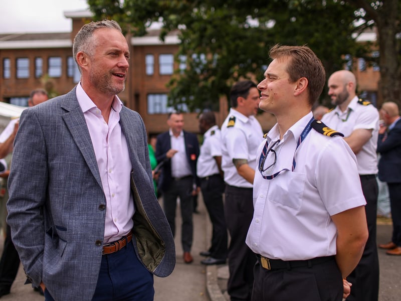 Will Blackett, former commanding officer of HMS Prince of Wales during the recent Operation Highmast, left, and Lt Chris McMahon. HMS Collingwood Open Day, Fareham Picture: Chris Moorhouse (040726-03)