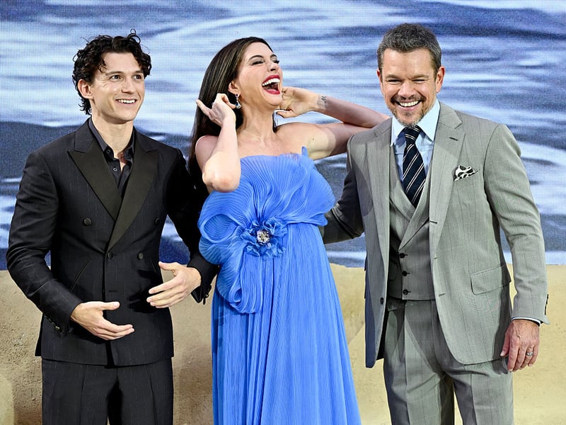 Cast members Tom Holland, Anne Hathaway and Matt Damon.