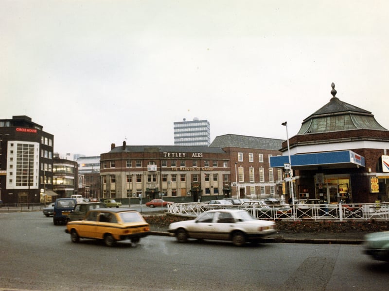 Eastgate roundabout from the direction of St. Peter's Street in March 1983. Circle House is on the left and the Marquis of Granby public house in the centre. A petrol filling station occupies the centre of the roundabout.