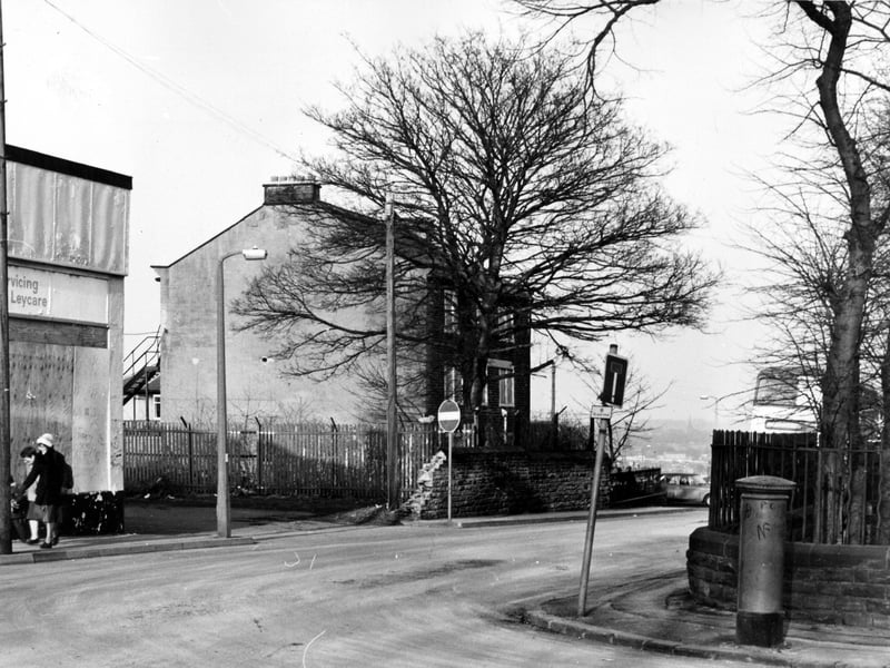 Back Lane from the junction with Stanningley Road in February 1983. In the centre is Town End House, a Grade II listed building dating back to the late 18th century, which is numbered 9 Lower Town Street, this being the junction with Back Lane on the right.