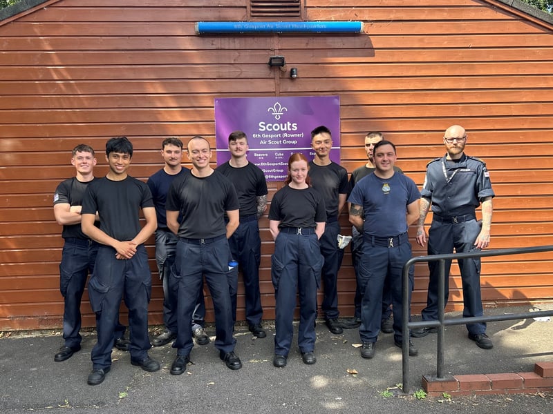 Trainees from HMS Sultan gather after completing community improvement projects at 16 locations across Gosport during the station's annual INSET Day outreach programme. Pictured at 6th Gosport Scouts