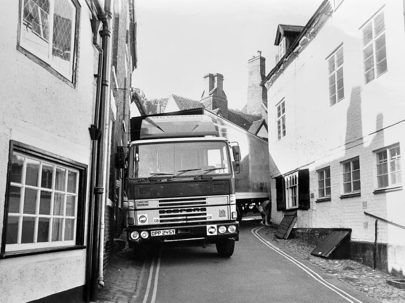 Long before sat-navs were guiding drivers, this articulated lorry found itself in a tight spot after taking a wrong turn into Cartway, Bridgnorth, in August 1991. It took more than an hour to escape, with curious onlookers watching every move. Does this bring back memories?