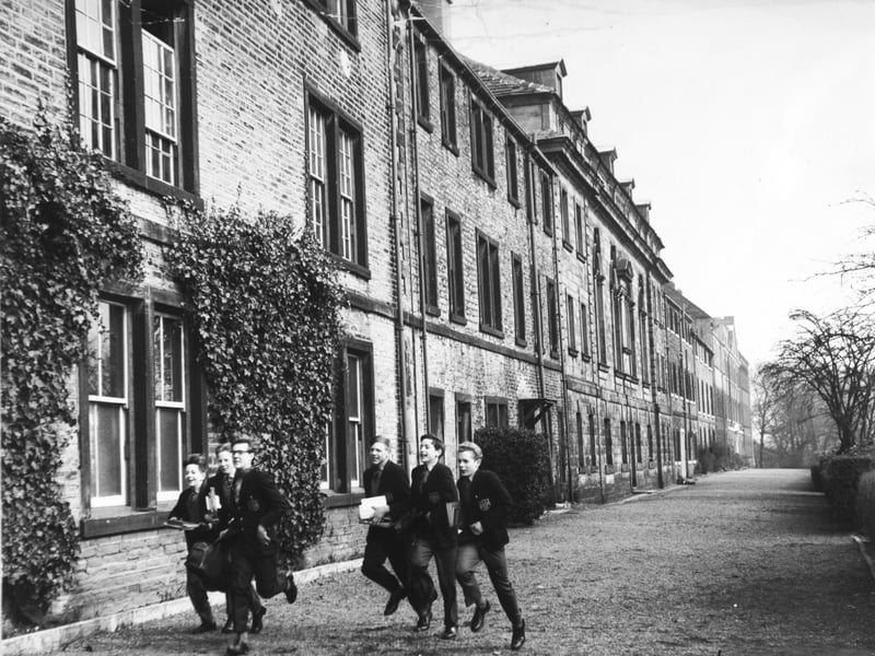 Pupils scamper to classes at Fulneck School, Moravian Church, Pudsey, in March 1962