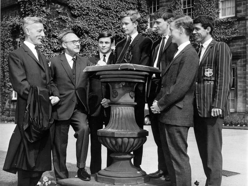Dr F. C. Pritchard (left) and headmaster Sir Herbert Andrew with prize-winners B. C. Carr, D. A. J. Ripley, M. A. Hillary, J. C. Foster and N. J. Starkey at Woodhouse Grove School, near Bradford, in June 1966