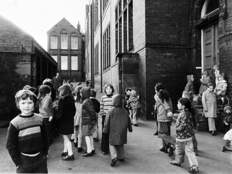 Children in the playground at Castleton Primary School, Armley, Leeds, in March 1977