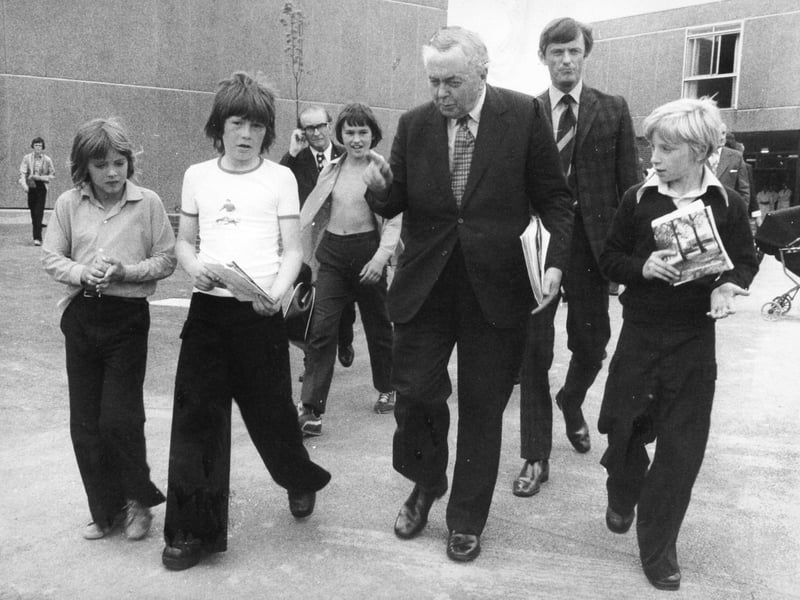 Young autograph hunters catch Sir Harold Wilson as he leaves Featherstone High School in July 1976