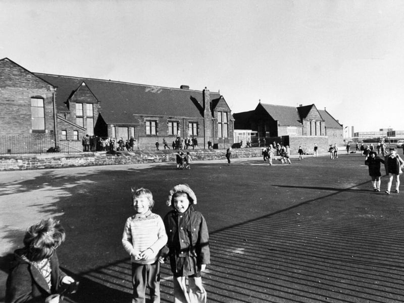Children in the playground at St Hilda's CofE Primary School, Cross Green Lane, Leeds, in February 1974