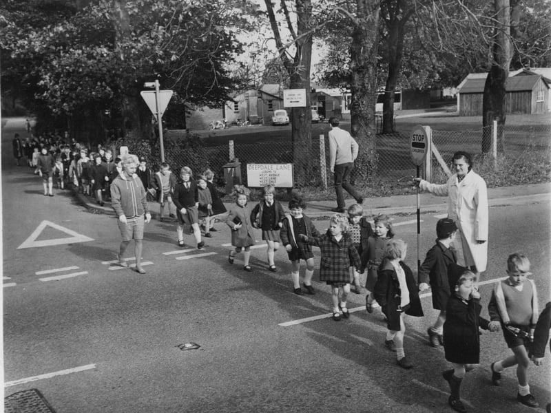 Pupils of Boston Spa Primary School crossing the road in October 1968