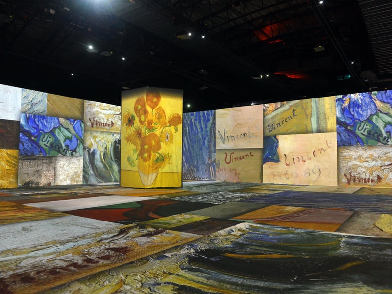 The exhibition spans three rooms. This is the Immersive Room, in which an immersive sequence plays on a 36-minute loop. There's also a Waterfall Room, a calming sequence on an eight-minute loop and a Reflection Room with easels where you can paint.