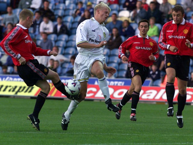 Pic by Charles Knight *EDI*Leeds reserves Alf-Inge Haaland tries to stop the ball from the boot of Manchesters Ryan Ford.