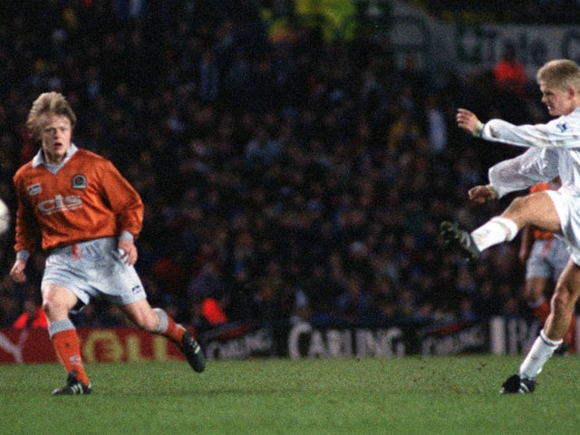 Goal four...Leeds United's Alfie Haaland fires in a long range shot for Uniteds fourth goal against Balckburn.