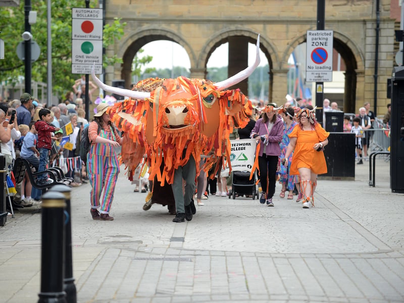 This giant bull makes its way through the streets of South Shields.