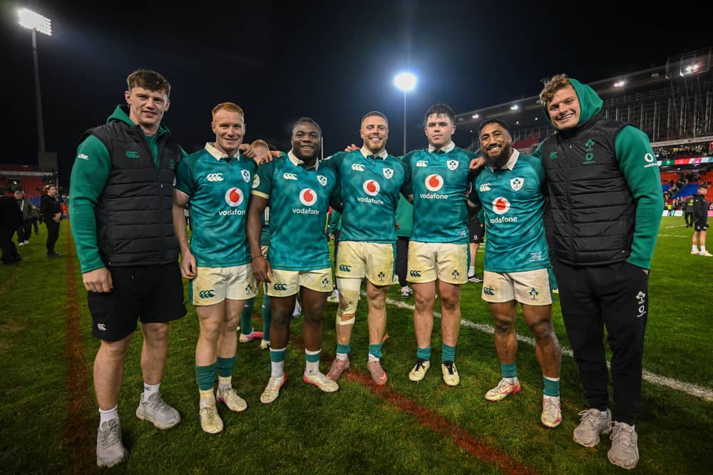 The Connacht contingent pictured after the final whistle, from left: Darragh Murray, Ciarán Frawley, Sam Illo, Sean Jansen, Billy Bohan, Bundee Aki, and Cian Prendergast. 