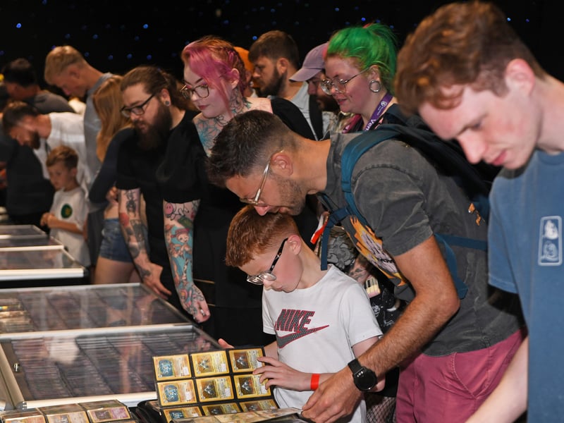 Busy stalls at Leeds Card Show at New Dock Hall in the Royal Armouries.