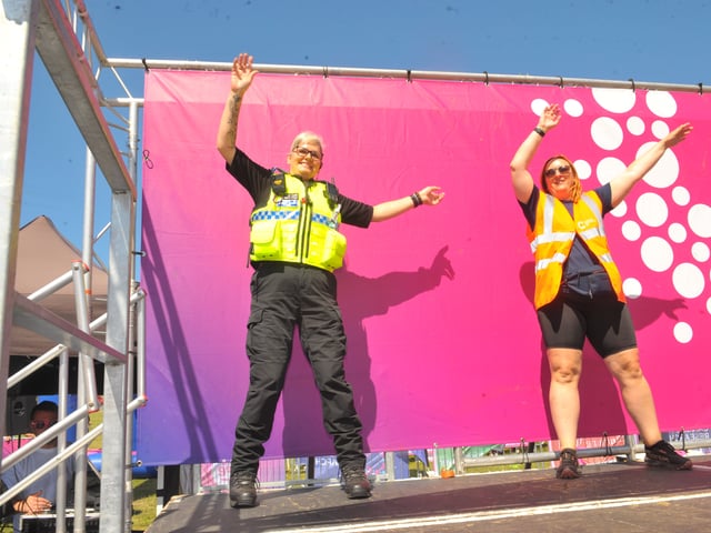 PCSO Sarah Barrett helping out with the warm up 