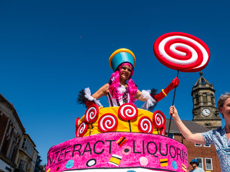 Pictured Yvette Cooper, Labour MP for Pontefract, Castleford and Knottingley, and Foreign Secretary greeting one of the street entertainers Victoria Sponge, AKA Rachel Hyde.