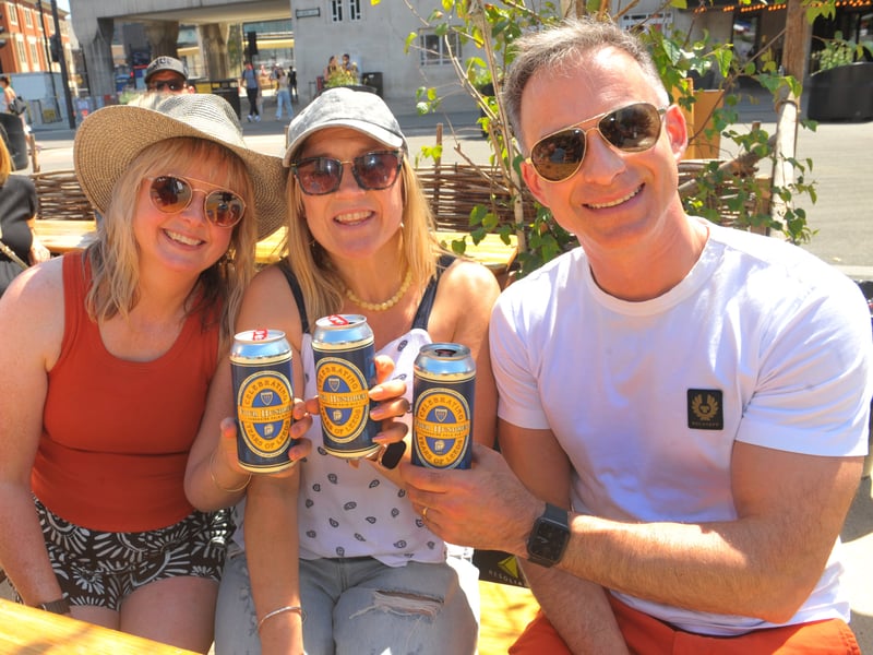 Enjoying the Leeds 400 celebrations at Thor's with the celebration Kirkstall Brewery beer, Julia Snell, Julie Thompson and Joe Stanta of Horsforth 