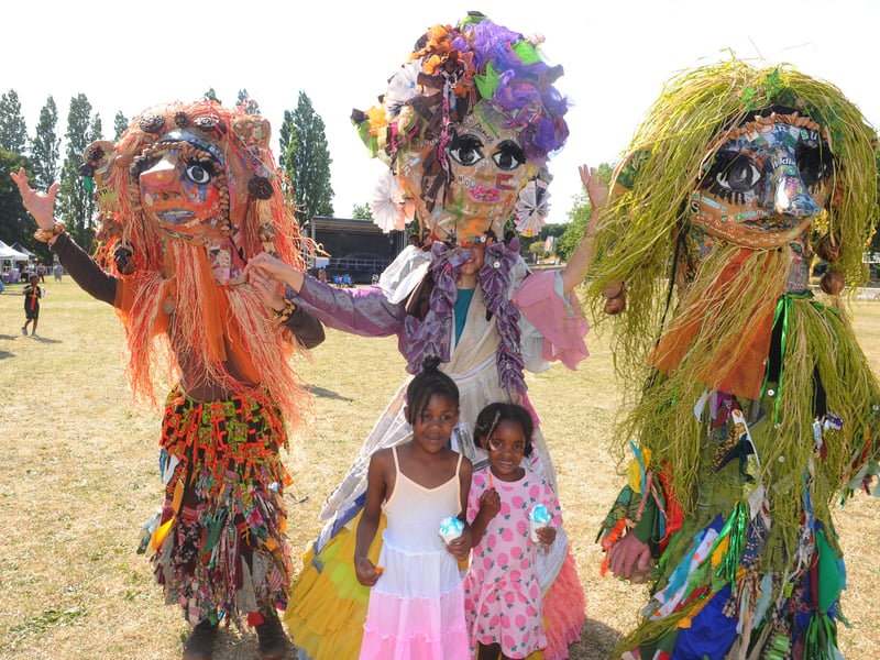 Northern School of Contemporary Dance celebrated  Leeds 400 and their 40th birthday in Norma Hutchinson Park on Saturday. Djahwwa and Emmnane James-Blair meet some of the dance characters from the school 