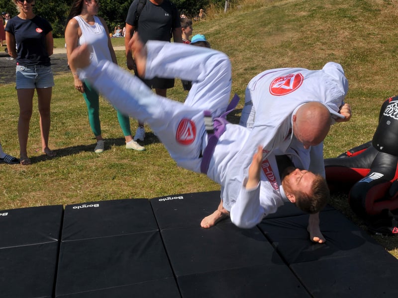 James Francey-Frost is thrown by fellow instructor Kevin Meredith at Brazilian Jui-Jitsi from Gracie Barra, Roundhay, Leeds
  