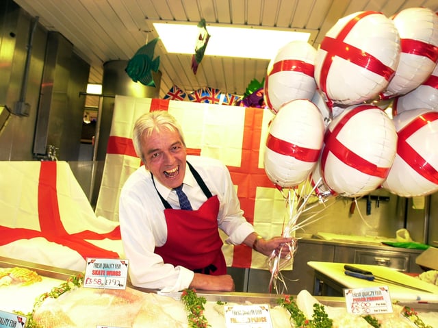 Doncaster Market trader, fishmonger Malvern Edgecombe gets in good voice to cheer on England in the World Cup.
