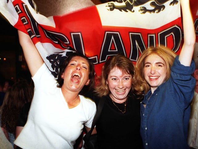 Friends Julia Sides (29), Joanne Hall (27) and 28 year old Loise Kelly celebrate England's second goal against Tunisia at the White Bear, Hallgate Doncaster.