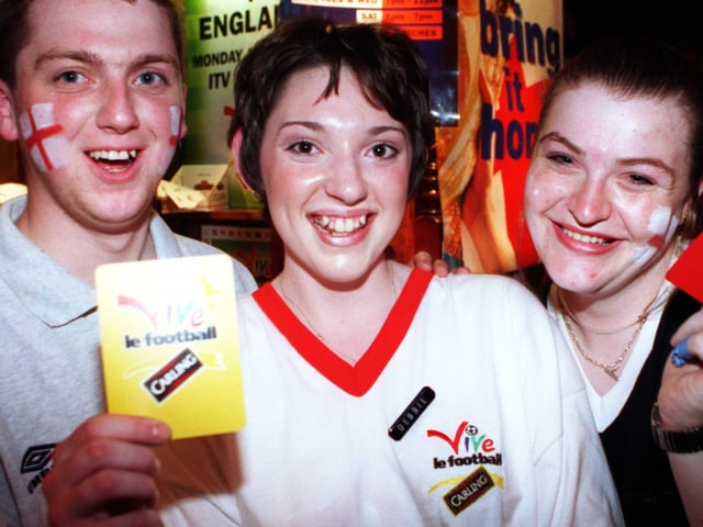 Staff at the White Bear on Doncaster's Hallgate really getting into the world cup mood. they are, left to right, assistant manager Simon Barnett and barmaids Debbie Rose and Ema Cutts.