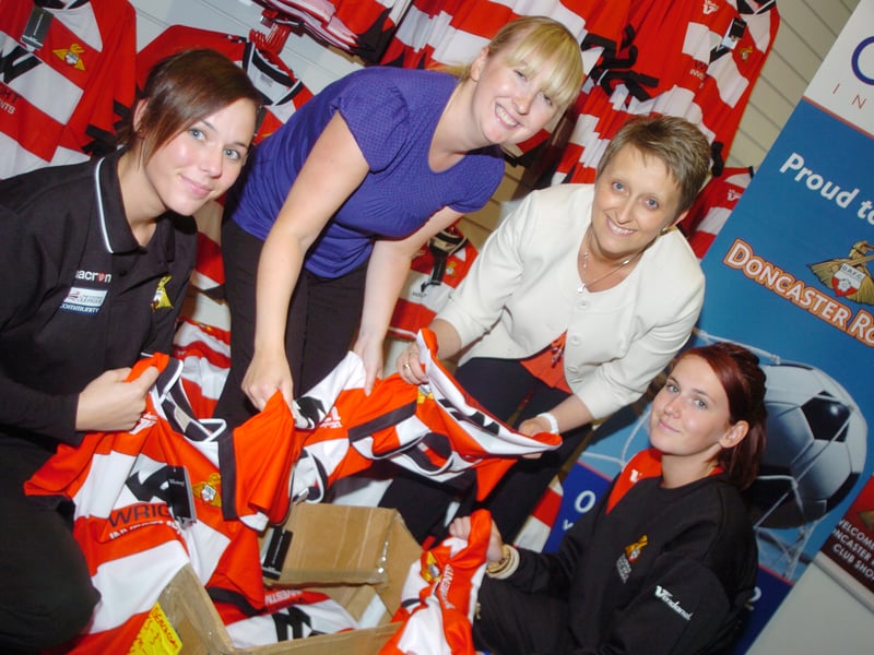 Doncaster Rovers have sent 2010 of their shirts to South Africa in preperation for the World Cup. L-R are Jenna Cauwood, Rovers Football in the Community, Suzanne Uttley, administration and youth secretary, Denise Pickersgill, assistant secretary, and Samantha Dorrin, Rovers Football in the Community. 