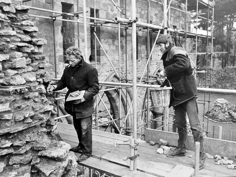Skilled craftsmanship at work at Much Wenlock Abbey in February 1972, as stonemasons Jim Medlicott and Ken Milner carried out restoration work on the ancient building’s south transept walls. The photograph captures a moment from the ongoing care needed to preserve one of Shropshire’s historic landmarks. Do you remember seeing restoration work taking place at the abbey, or have you visited over the years?