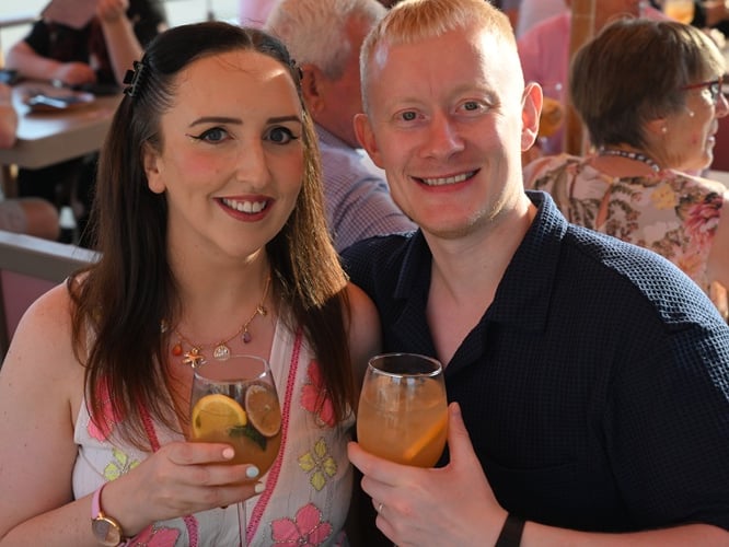 Comedian Karl Porter with partner Red Roberts at the Beach House Blackpool Summer Cocktail Menu Launch