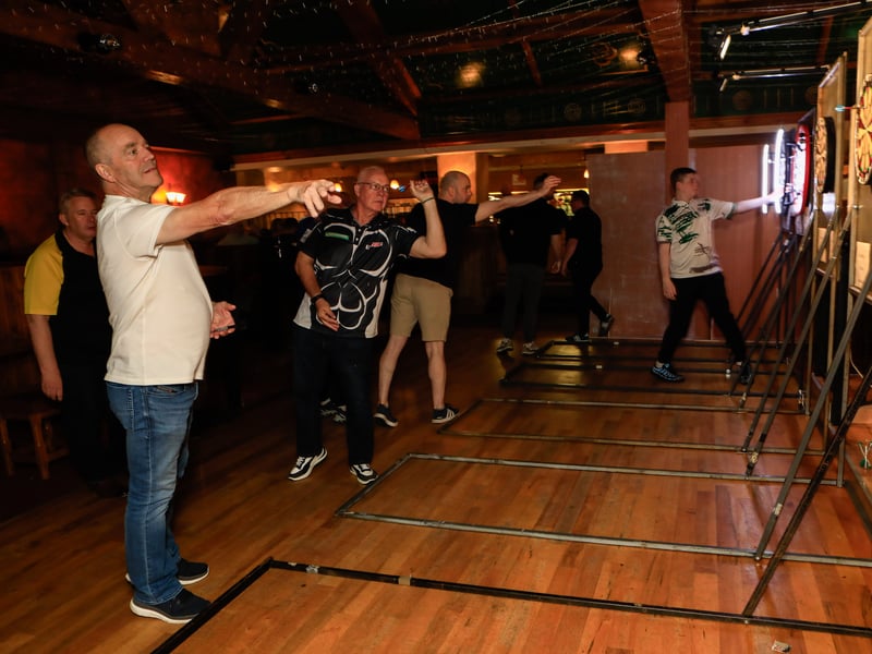 Contestants warming up for the Darts Competition, in Aid of Hope Camp held in Peoples' Bar, Claudy.