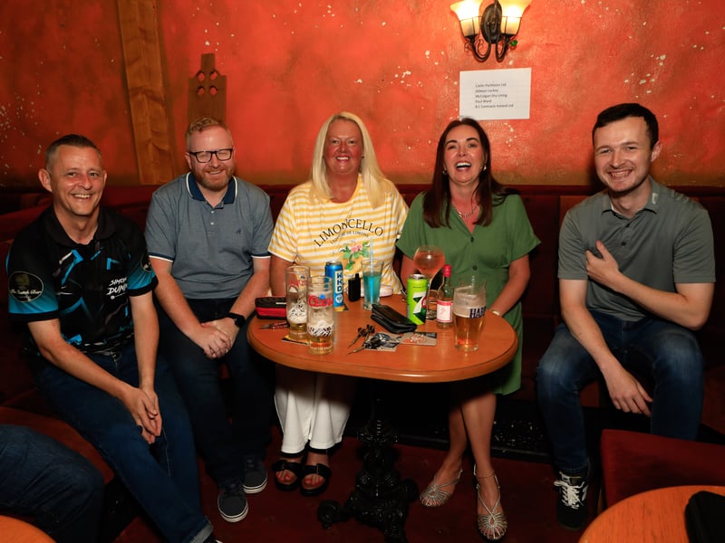 Group, from left, Simon Dunn, Ronan McKinney, Tanya McKinney, Fiona Begley and Niall McGuinness at the Darts Competition, in Aid of Hope Camp held in Peoples' Bar, Claudy.