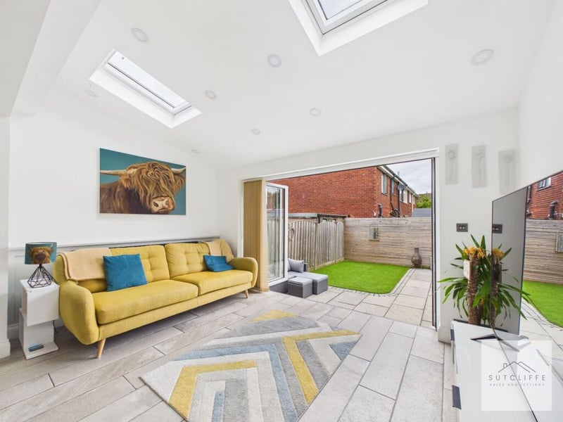 The family room's wide patio doors